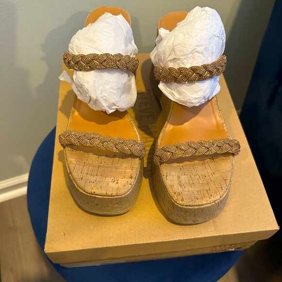 Steve Madden Danya Cork Wedge Sandals Bronze Rhinestone Braided Straps - Picture 4 of 11